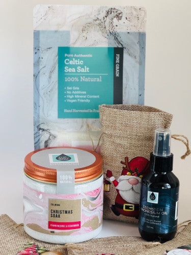 The Salt Box Christmas Gift Bundle with Celtic Sea Salt, Christmas Bath Soak, Magnesium Oil Spray and Gift Bag