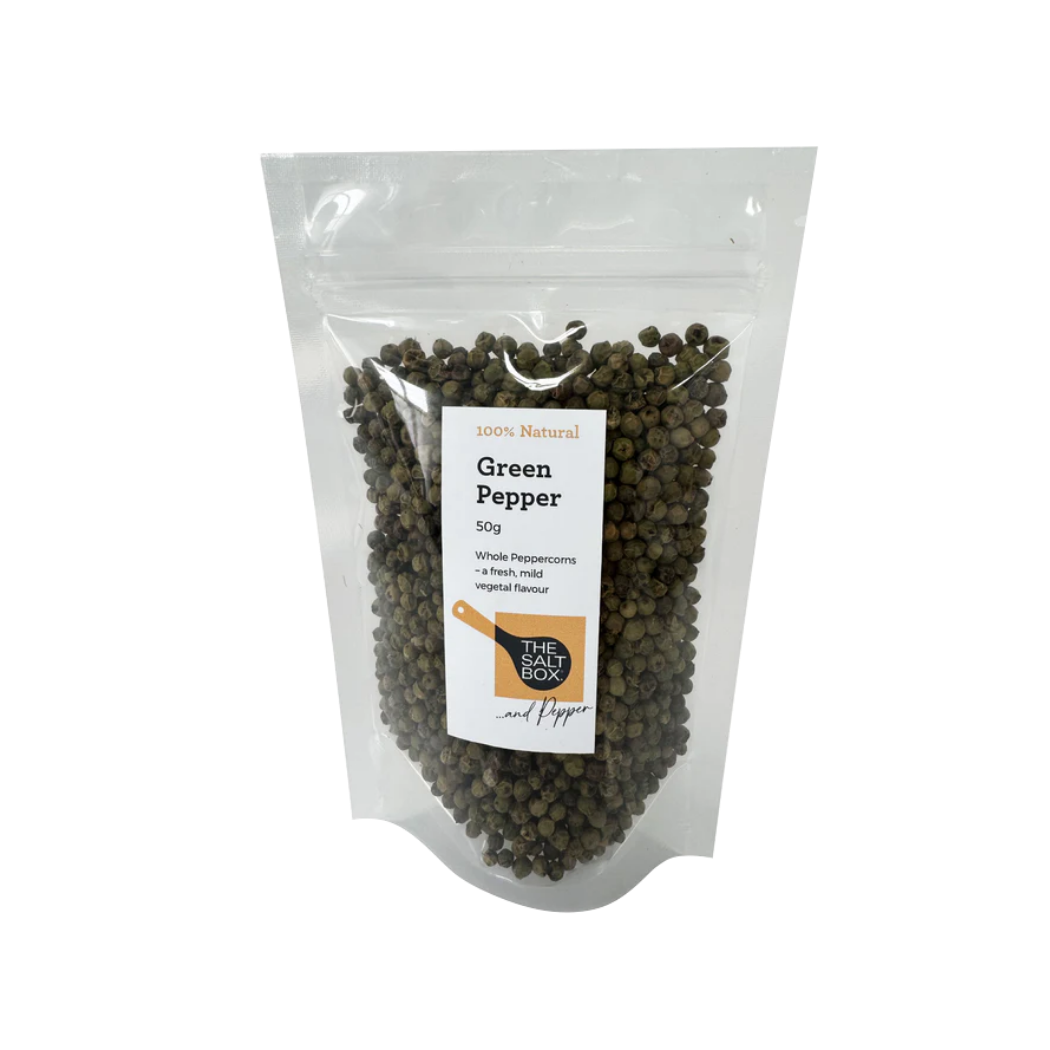 The Salt Box Whole Green Peppercorns 50g in resealable pouch