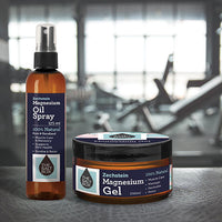 Zechstein Magnesium Gym Pack including Magnesium Oil 125ml and Magnesium Gel 250ml with a gym background