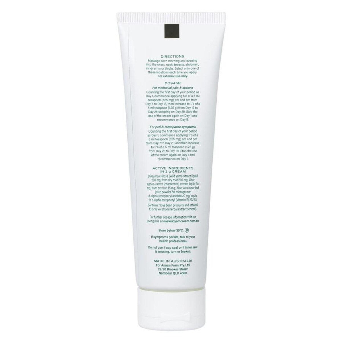 Anna's Wild Yam Cream 100g bottle back
