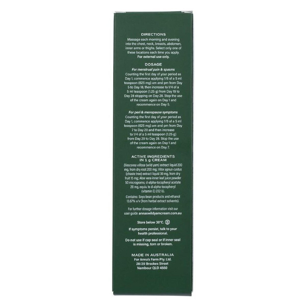Anna's Wild Yam Cream 100g box back